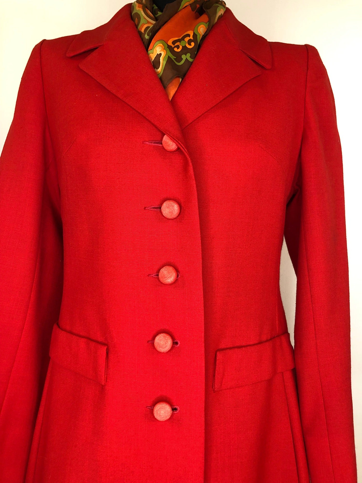 womens  vintage  Urban Village Vintage  urban village  Red  pockets  made in england  long sleeves  long sleeve  long length coat  long length  long coat  Julius London  Jacket  collared  70s  1970s  10
