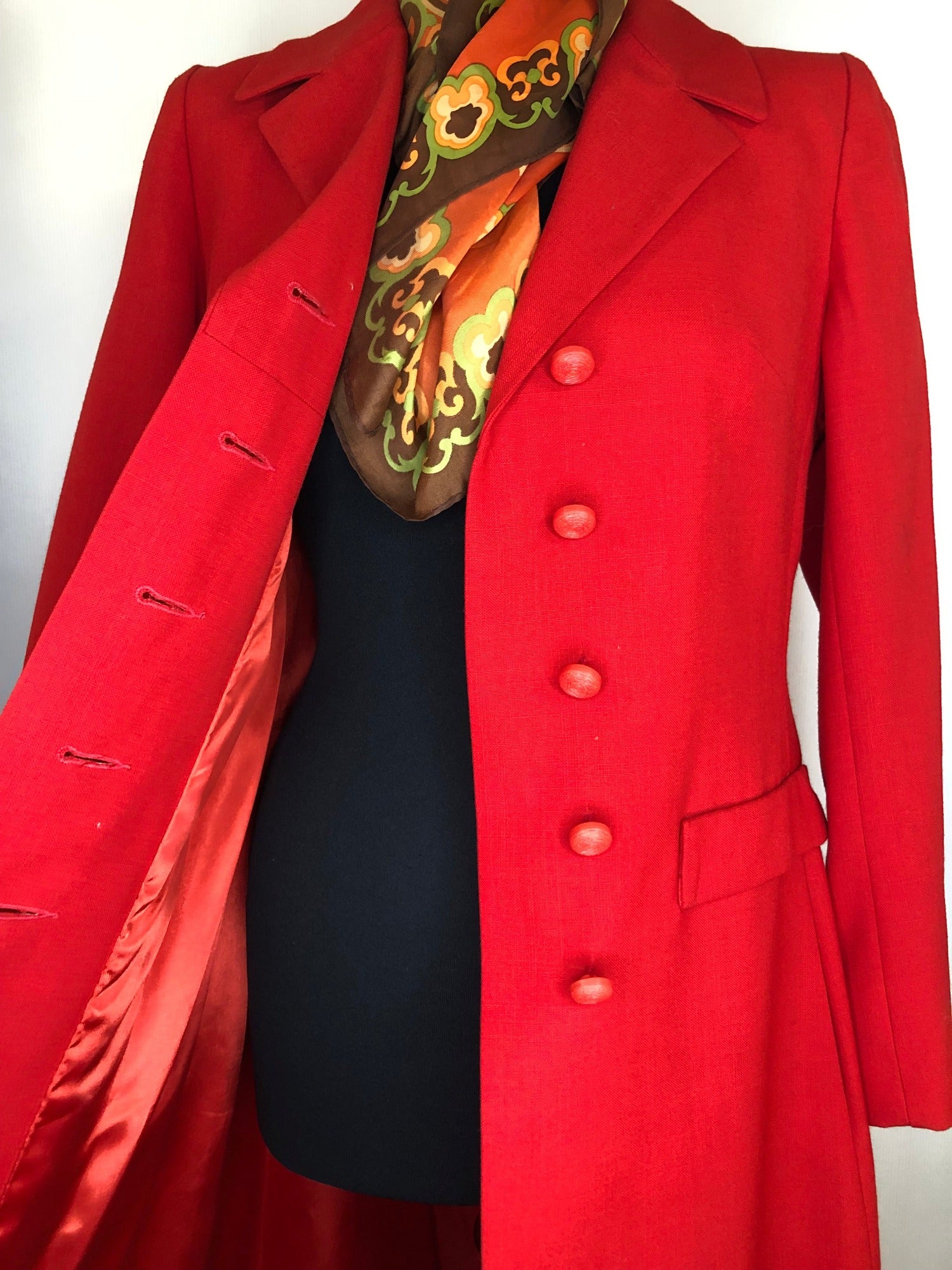 womens  vintage  Urban Village Vintage  urban village  Red  pockets  made in england  long sleeves  long sleeve  long length coat  long length  long coat  Julius London  Jacket  collared  70s  1970s  10