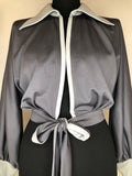 1970s Cropped Balloon Sleeve Tie Front Blouse by Gillian Paul - Size UK 12