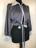 womens shirt  womens  vintage  Urban Village Vintage  urban village  top  tie front  multi  long sleeve  Grey  Gillian Paul  cropped  collar  blouse  balloon sleeves  balloon sleeve  70s  1970s  12