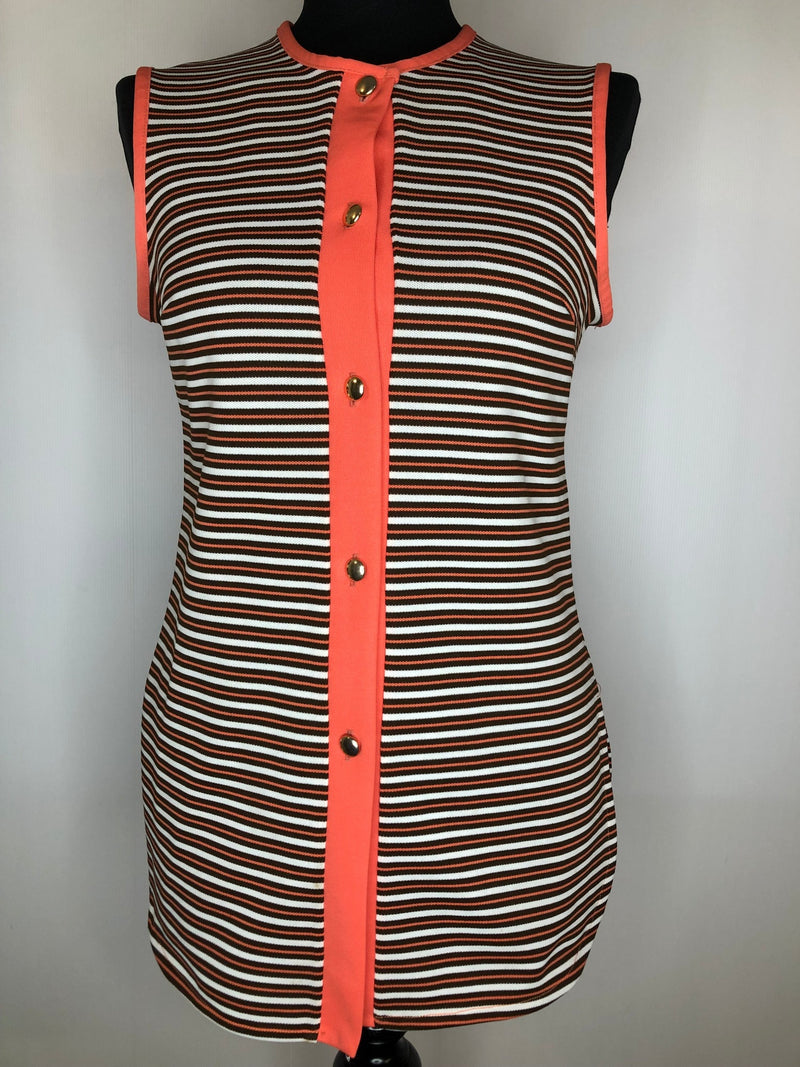 womens  white  vintage  Urban Village Vintage  tunic  top  stripes  sleeveless  orange  coral  blouse  60s  1960s  10