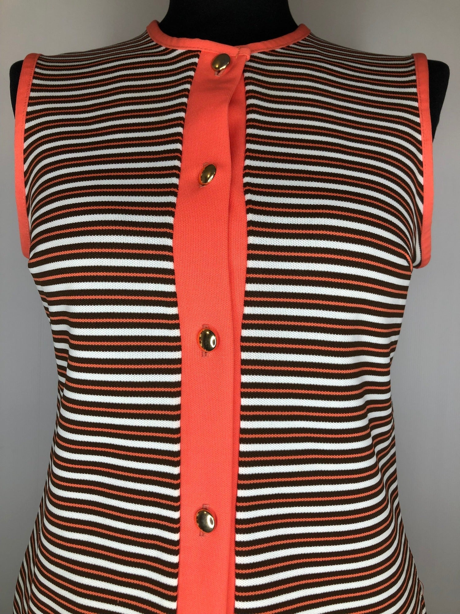 womens  white  vintage  Urban Village Vintage  tunic  top  stripes  sleeveless  orange  coral  blouse  60s  1960s  10
