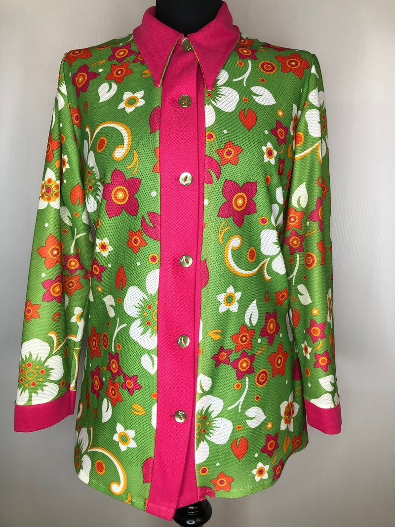 womens shirt  womens  vintage  Urban Village Vintage  urban village  top  summer  Shirt  retro  pink  patterned  Green  floral print  dagger collar  dagger  collar  blouse  70s  70  1970s  14