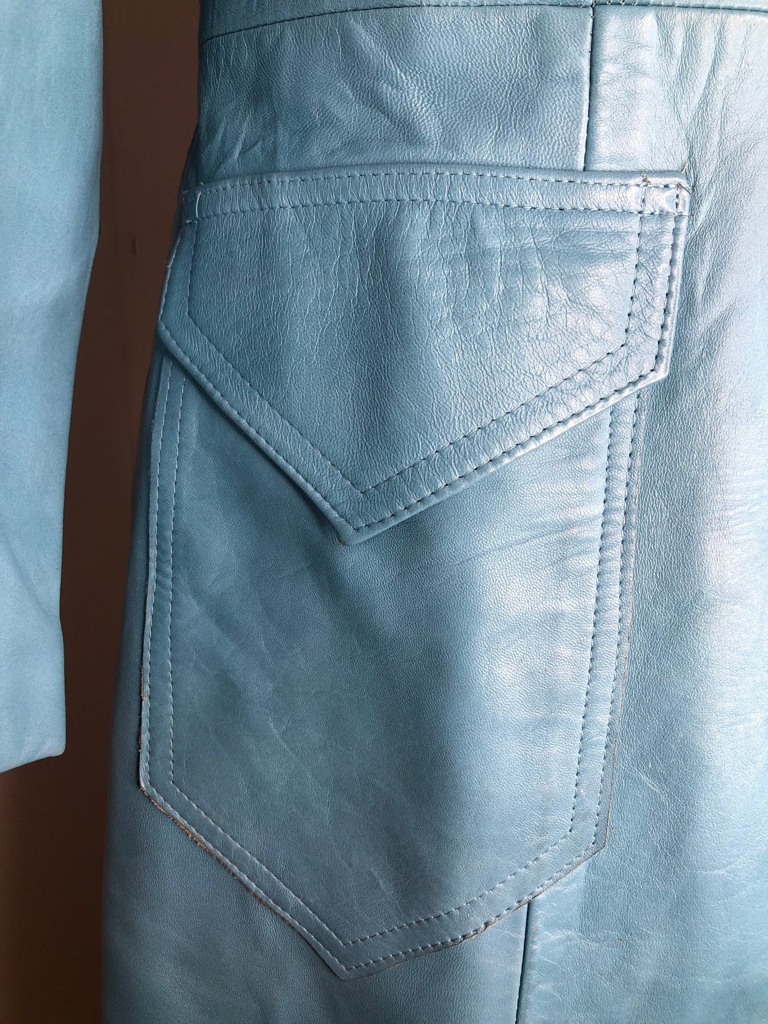 womens jacket  womens coat  womens  vintage  Urban Village Vintage  urban village  pockets  Leather Jacket  Leather  Jacket  button  blue  70s  70  1970s  12