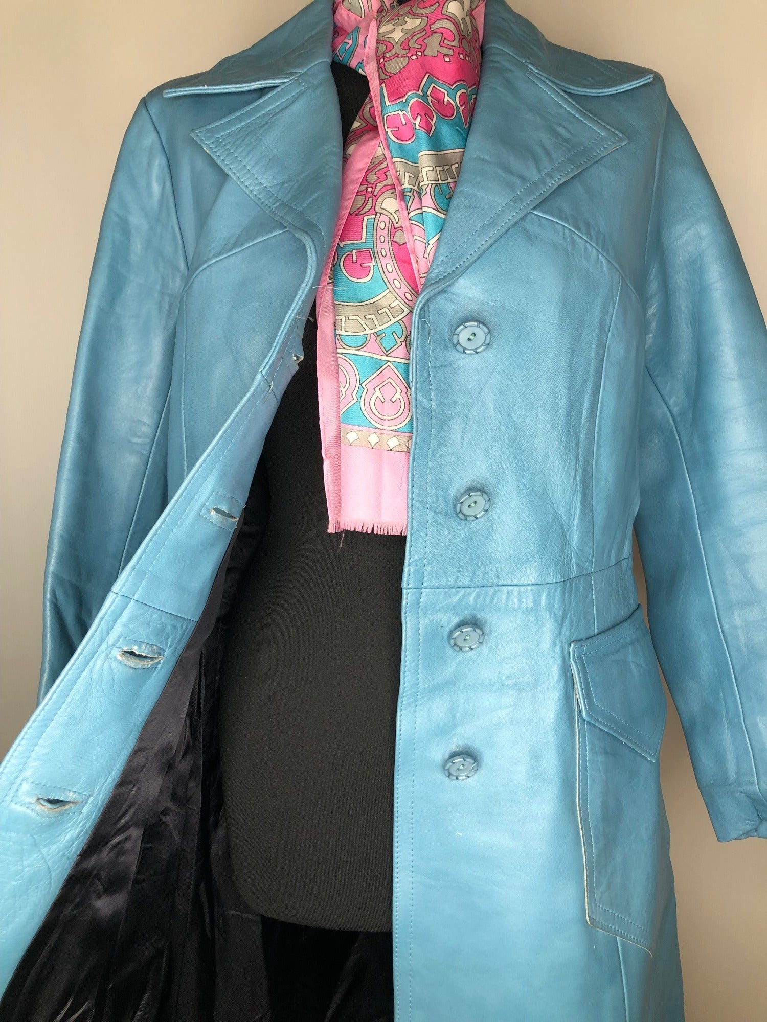 womens jacket  womens coat  womens  vintage  Urban Village Vintage  urban village  pockets  Leather Jacket  Leather  Jacket  button  blue  70s  70  1970s  12