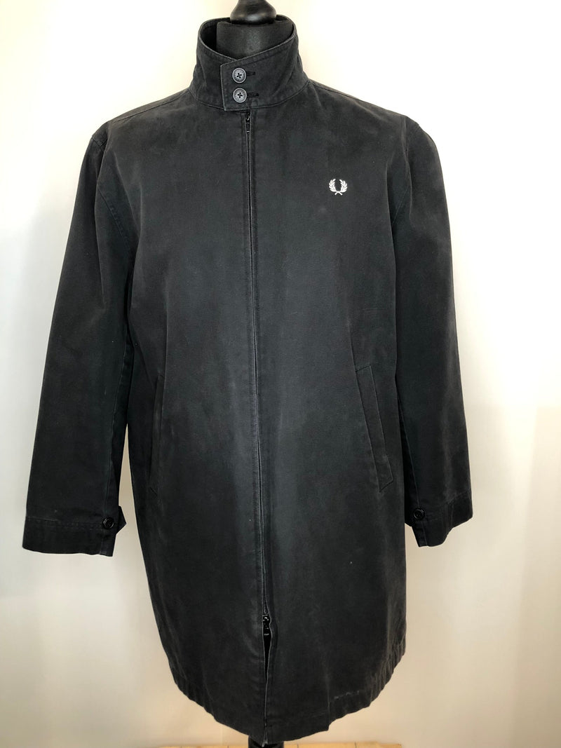 Winter Jacket  Winter Coat  vintage  Urban Village Vintage  urban village  retro  Mens Mac  Mens jacket  mens coat  mens  M  long sleeve  long length coat  long coat  Jacket  Fred Perry  embroidered logo  button down  Black Jacket  black