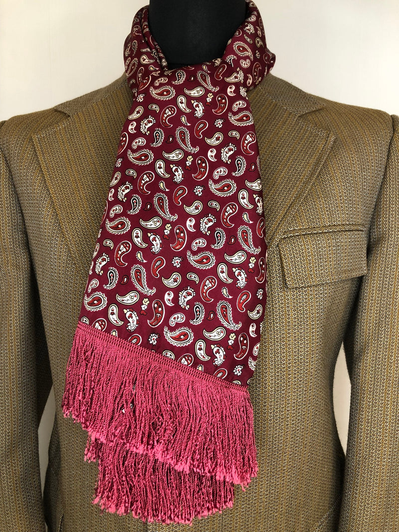one size  vintage  Urban Village Vintage  urban village  scarf  red  Paisley Print  paisley inspired  paisley  MOD  mens  made in england  fringed  fringe  Celanese  burgundy  60s  1960s