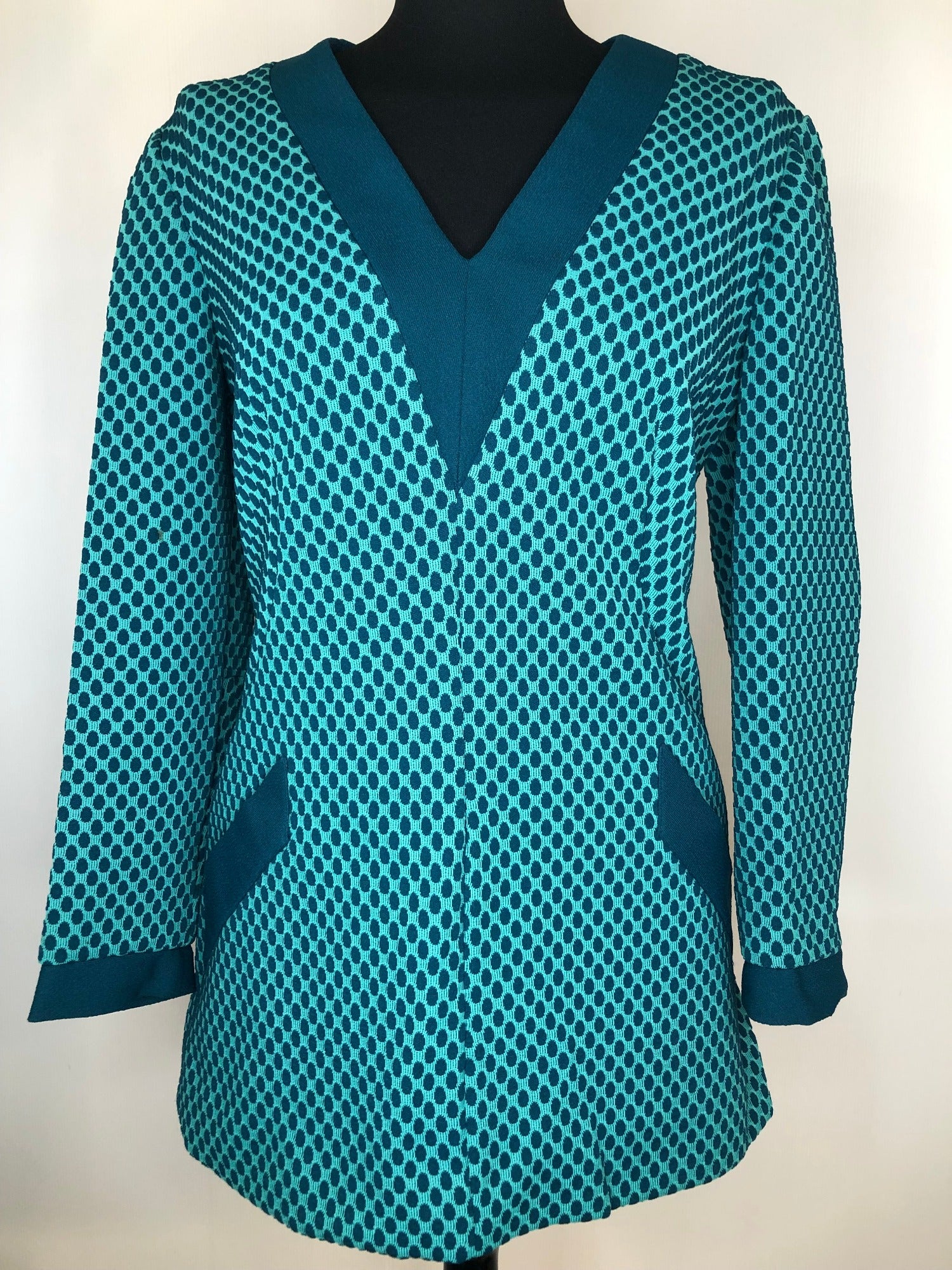 womens  windsmoor  vintage  v-neck  tunic top  tunic  top  Polka Dot  patterned  green  decorative pockets  70s  1970s  14