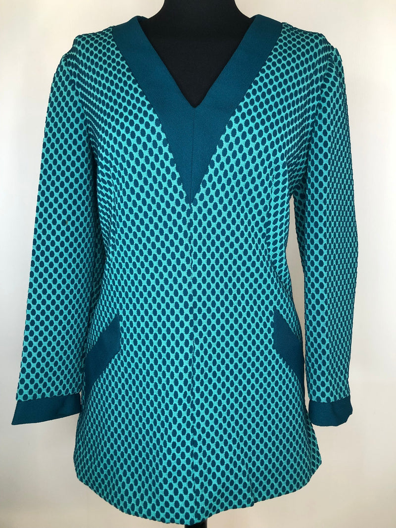 womens  windsmoor  vintage  v-neck  tunic top  tunic  top  Polka Dot  patterned  green  decorative pockets  70s  1970s  14