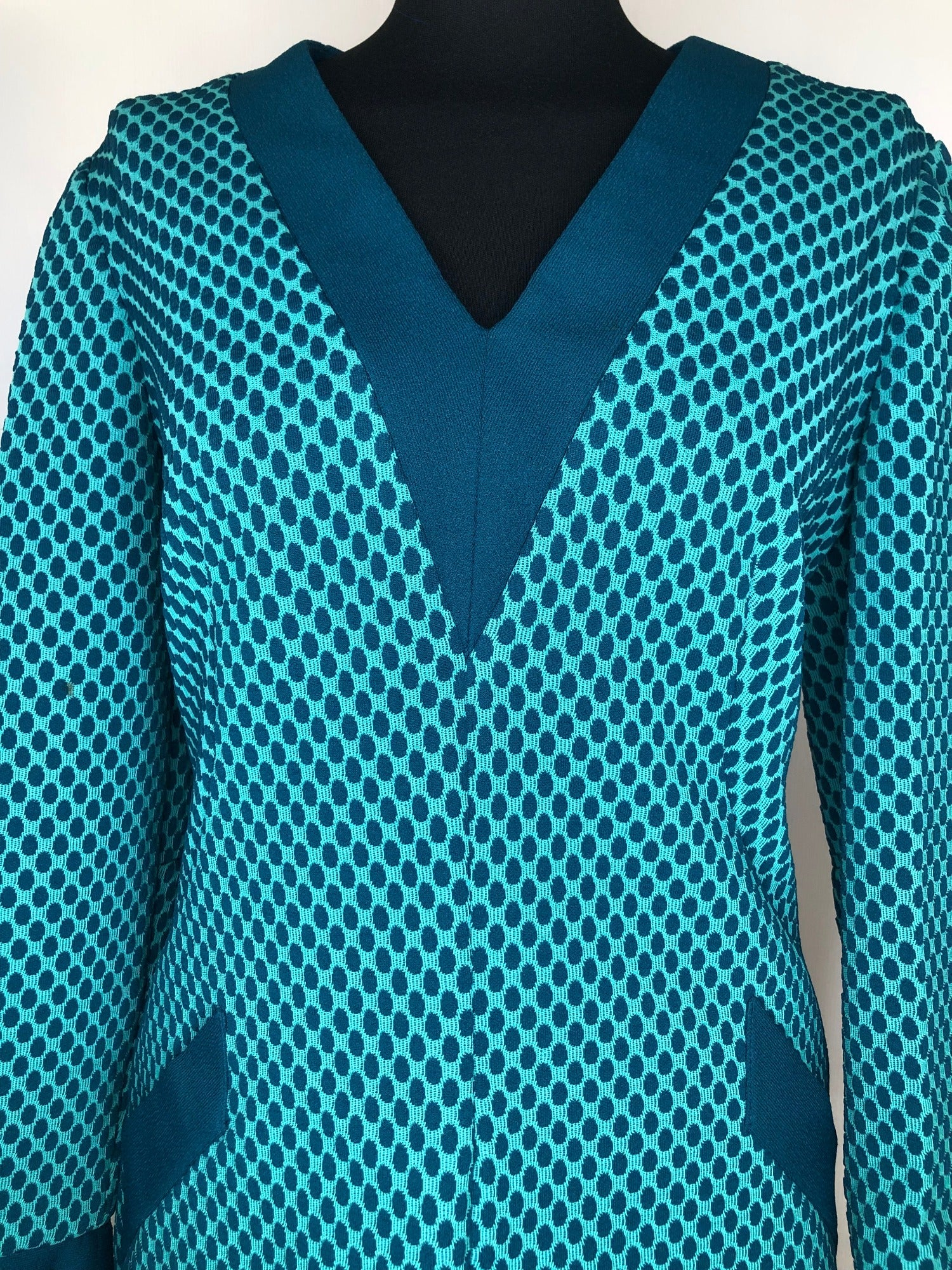 womens  windsmoor  vintage  v-neck  tunic top  tunic  top  Polka Dot  patterned  green  decorative pockets  70s  1970s  14