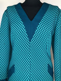 womens  windsmoor  vintage  v-neck  tunic top  tunic  top  Polka Dot  patterned  green  decorative pockets  70s  1970s  14