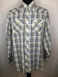 vintage  Urban Village Vintage  urban village  Shirt  retro  Mens Shirts  mens  long sleeves  Long sleeved top  long sleeve  L  Glug  dagger collar  dagger  cream  check  button  blue  70s  1970s