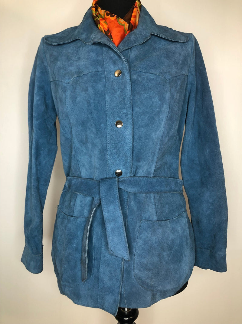 womens coat  womens  vintage  Suede Jacket  Suede  retro  mod  long sleeve  long  lining  jacket  button  blue  60s  1960s  10