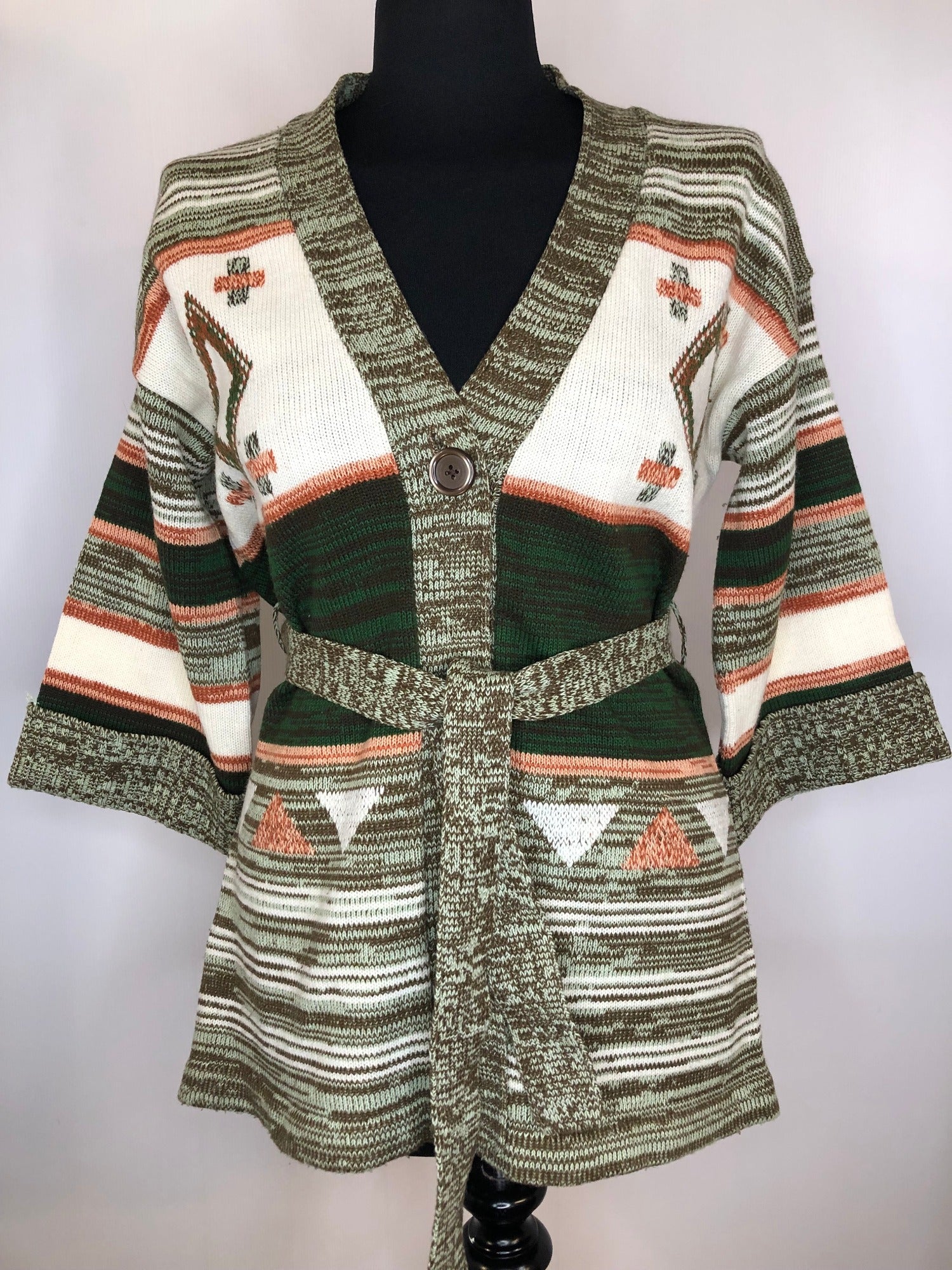 womens  vintage  Urban Village Vintage  urban village  space dye  retro  pockets  knitwear  knitted  knit  creamred baron  cardigan  cardi  boho  belted  belt  bell sleeve  70s  1970s  12