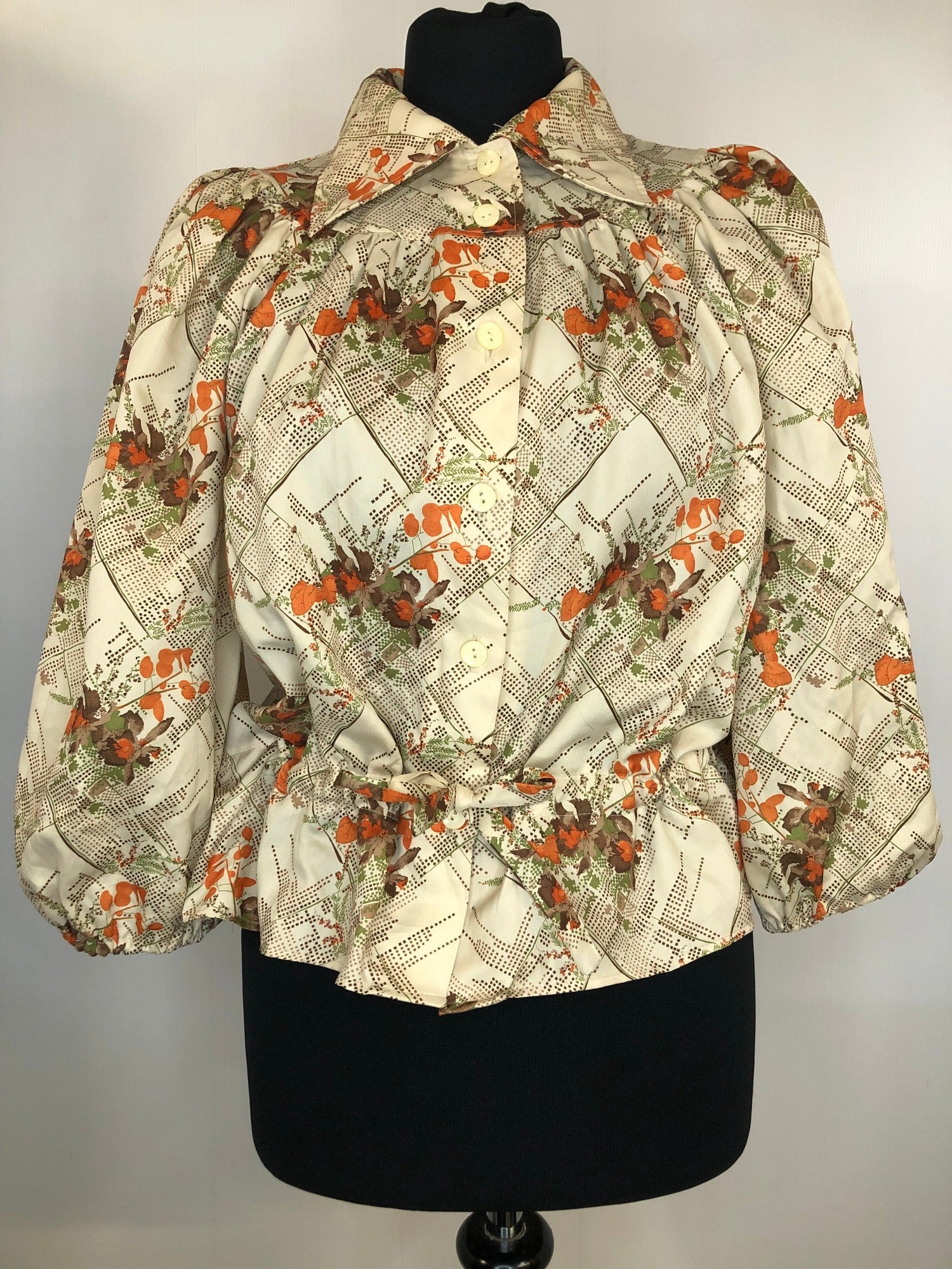 womens  vintage  top  peplum  floral print  drawstring waist  blouse  beige  balloon sleeves  balloon sleeve  70s  1970s  10