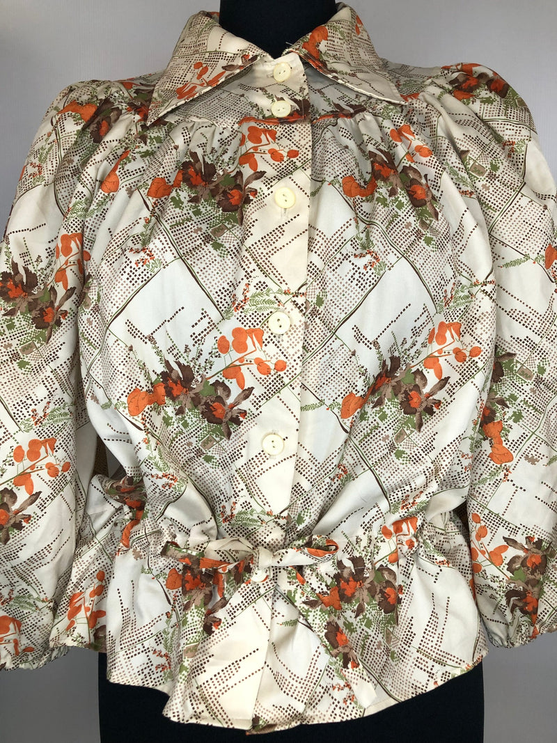 womens  vintage  top  peplum  floral print  drawstring waist  blouse  beige  balloon sleeves  balloon sleeve  70s  1970s  10
