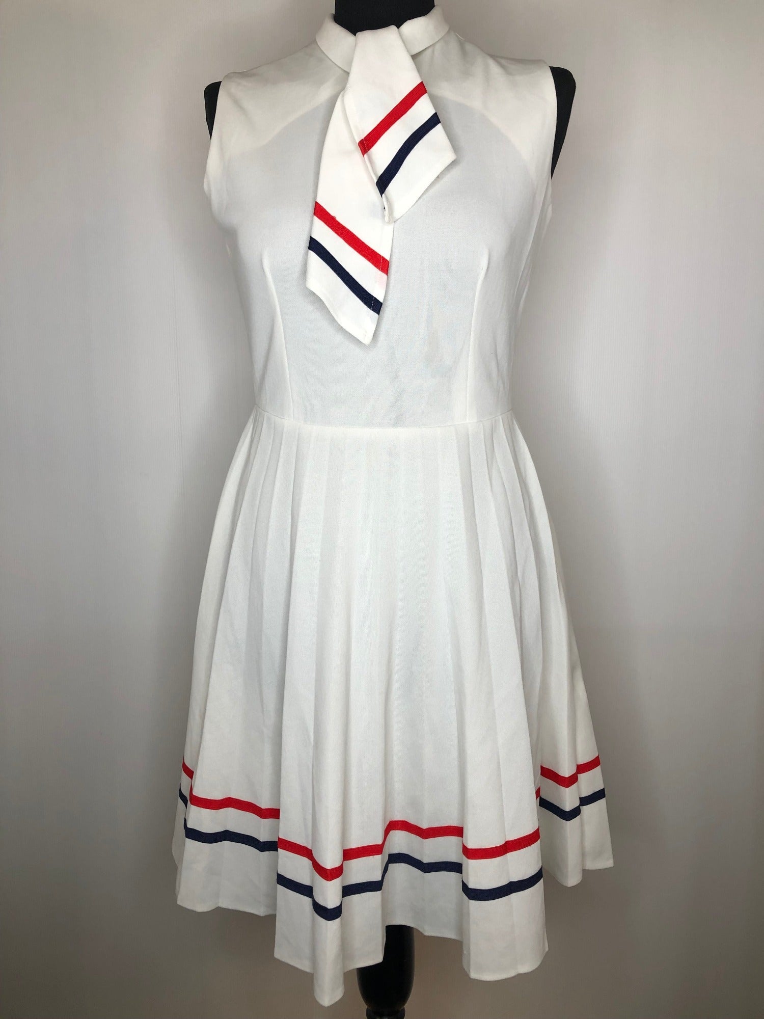 womens  vintage  Urban Village Vintage  urban village  tennis dress  tennis  stripes  straps  sheer  retro  pussy bow  nautical  long sleeve  dress  Devonshire Lady  back zip  70s  1970s  10