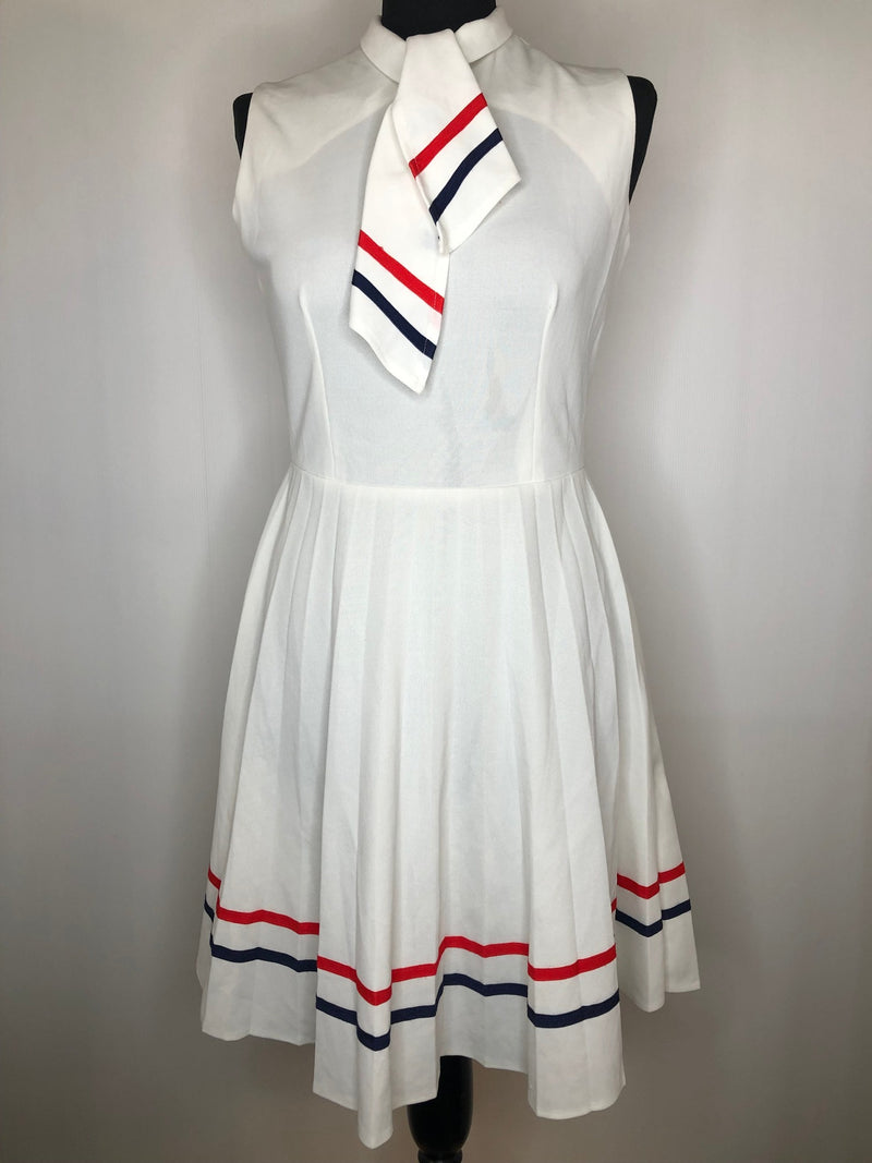 womens  vintage  Urban Village Vintage  urban village  tennis dress  tennis  stripes  straps  sheer  retro  pussy bow  nautical  long sleeve  dress  Devonshire Lady  back zip  70s  1970s  10