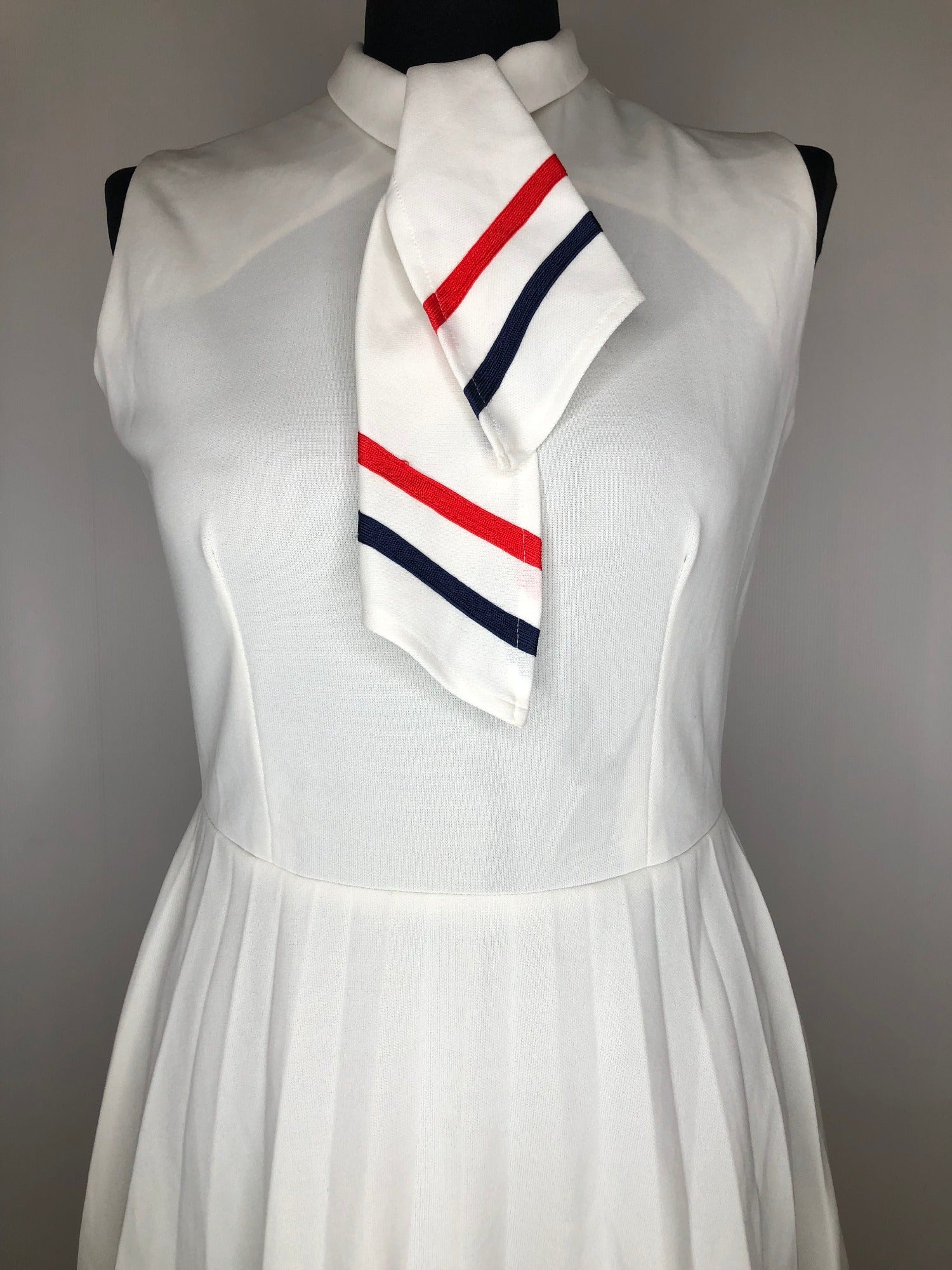 womens  vintage  Urban Village Vintage  urban village  tennis dress  tennis  stripes  straps  sheer  retro  pussy bow  nautical  long sleeve  dress  Devonshire Lady  back zip  70s  1970s  10