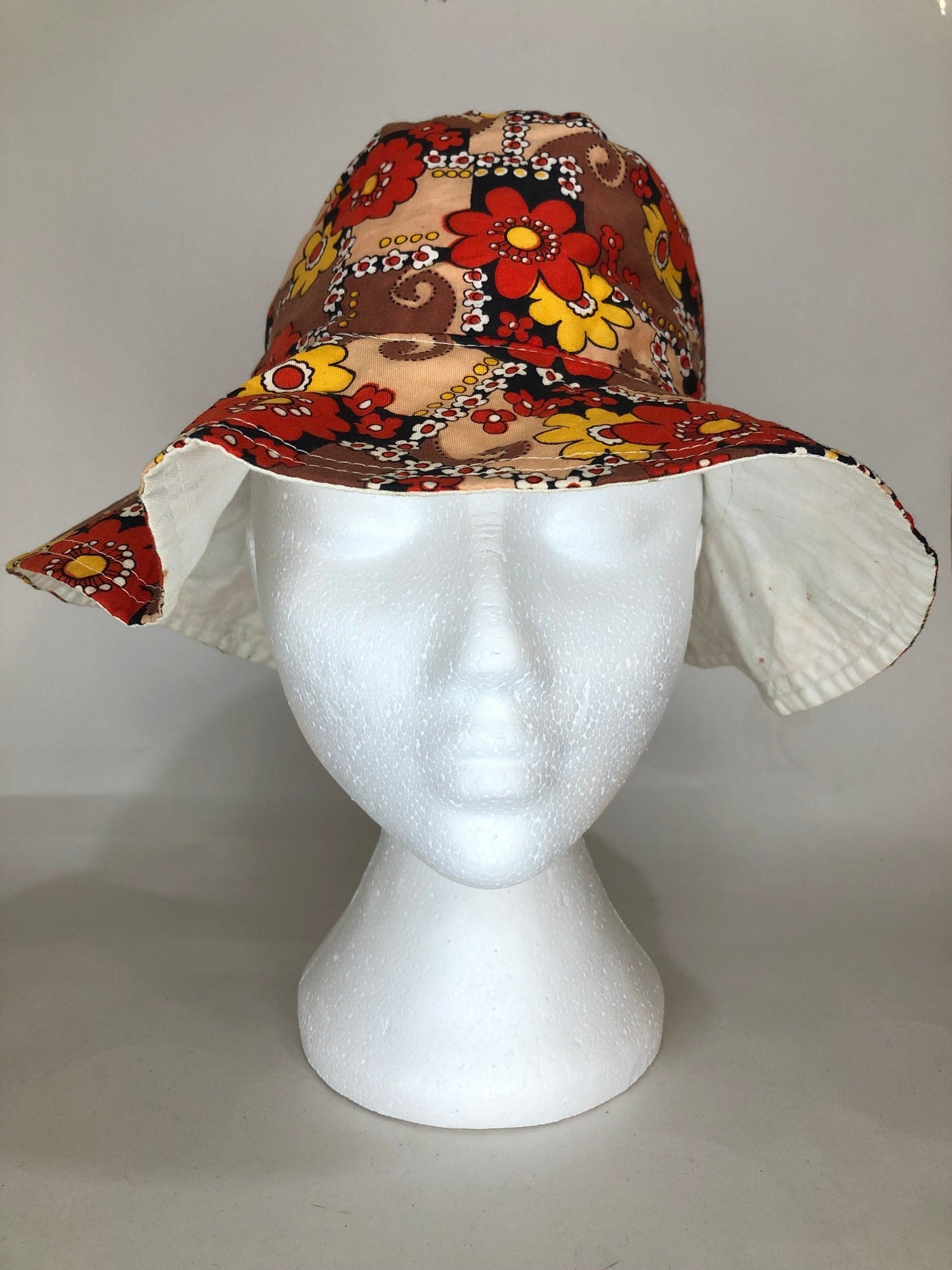 womens  vintage  velvet ribbon  Urban Village Vintage  urban village  S  retro  Orange  MOD  hat  floral print  dress  bucket hat  brown  70s  1970s