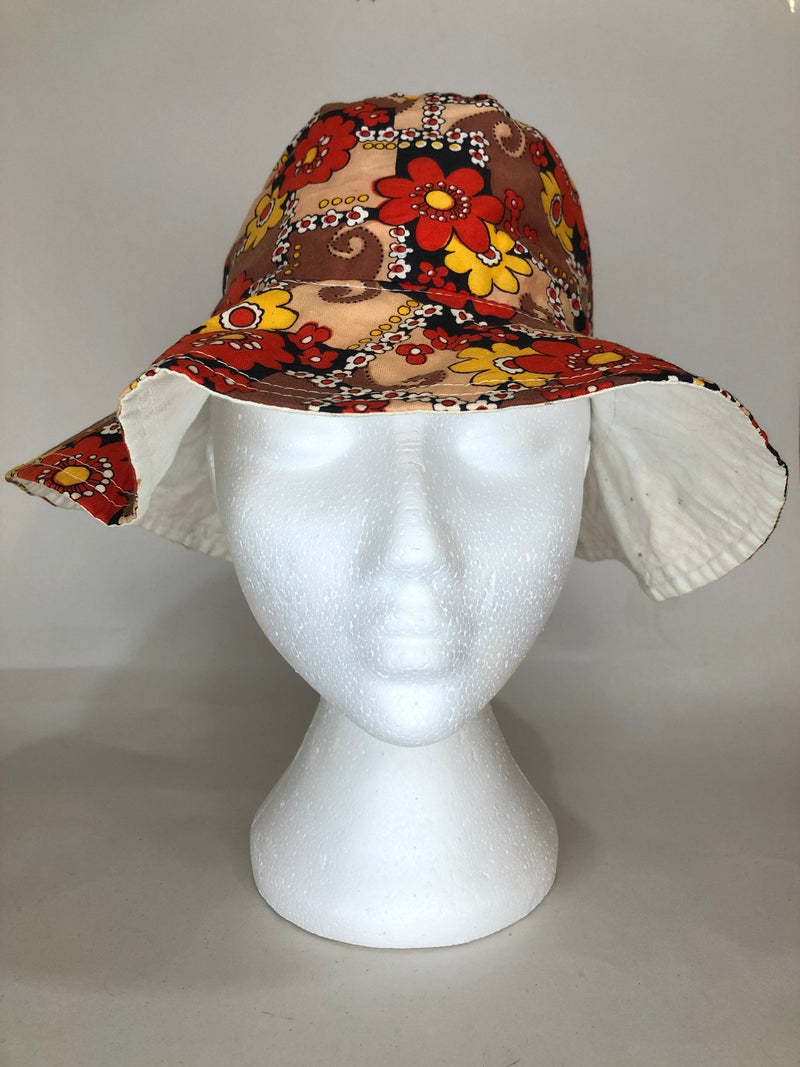 womens  vintage  velvet ribbon  Urban Village Vintage  urban village  S  retro  Orange  MOD  hat  floral print  dress  bucket hat  brown  70s  1970s