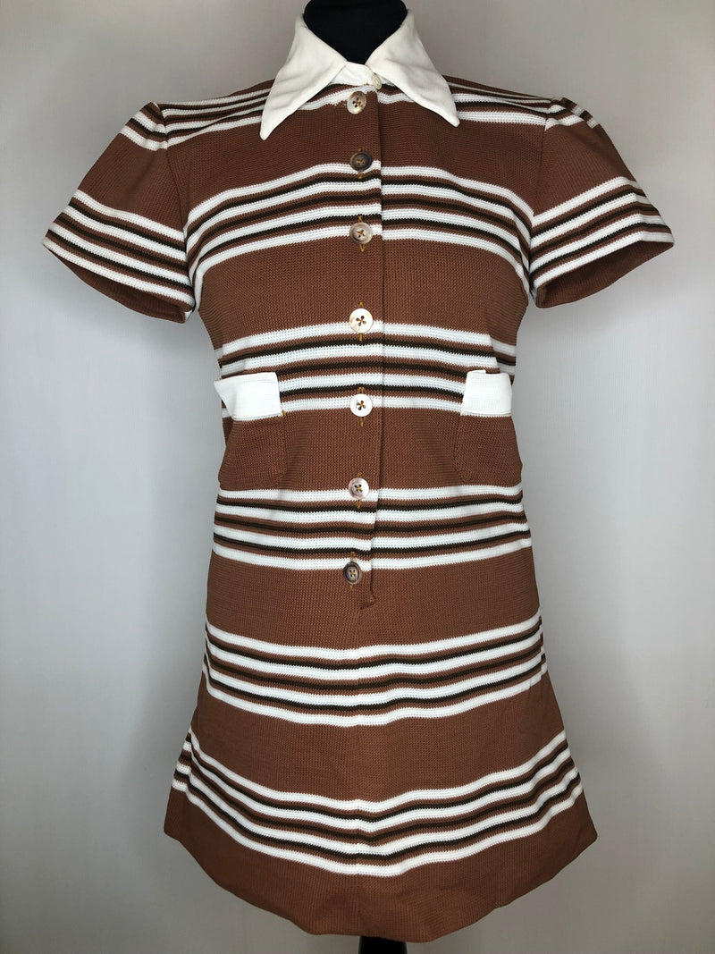 zip back  womens  white  vintage  Urban Village Vintage  stripes  striped dress  striped  scooter dress  scooter  MOD  brown  60s  1960s  10