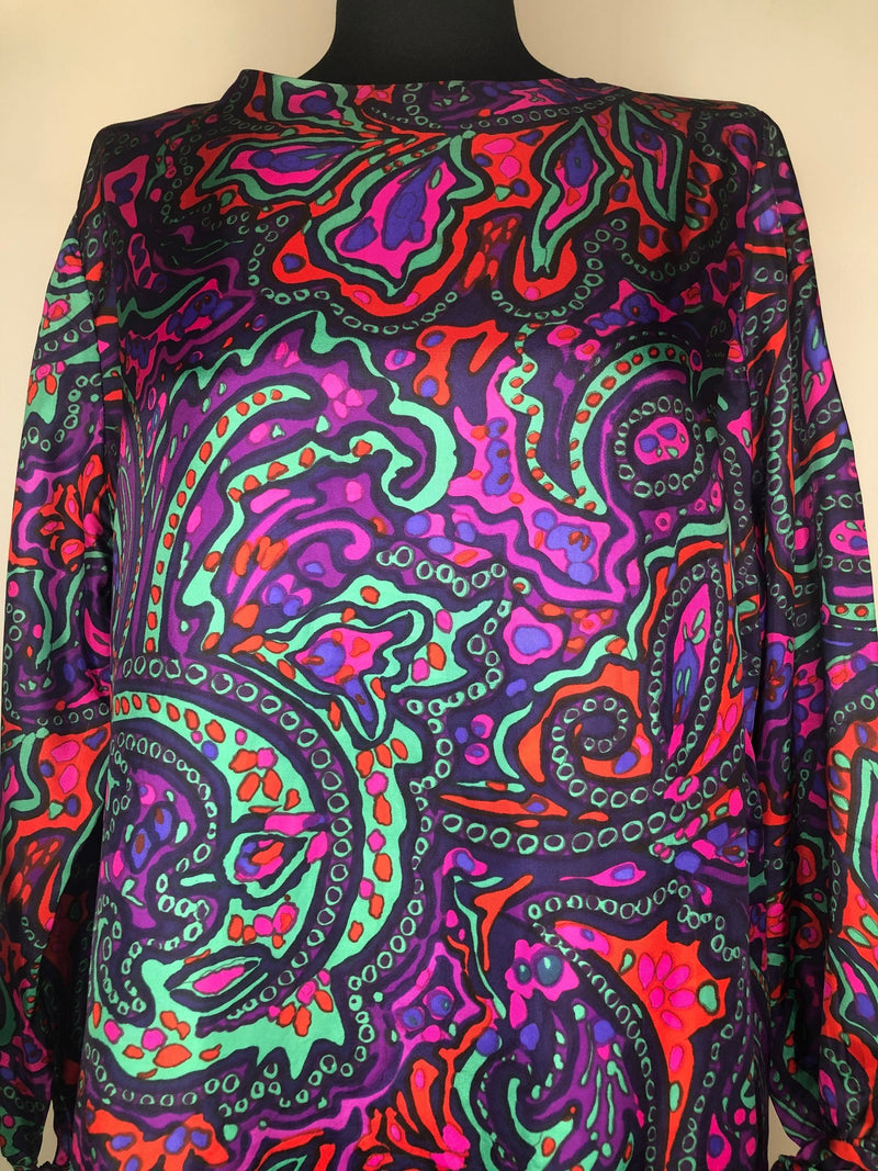 zip back  womens  vintage  round neck  retro  purple  print dress  plus size  multi  long sleeve  Freemans of London  floral print  dress  70s  1970s  18  16-18  16