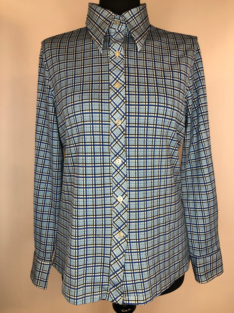 womens shirt  womens  vintage  Urban Village Vintage  urban village  summer blouse  Shirt  long sleeve  Debenhams  dagger collar  collared  collar  checked  check  button front  button  blue  blouse  big collar  70s  1970s  16