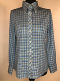 womens shirt  womens  vintage  Urban Village Vintage  urban village  summer blouse  Shirt  long sleeve  Debenhams  dagger collar  collared  collar  checked  check  button front  button  blue  blouse  big collar  70s  1970s  16