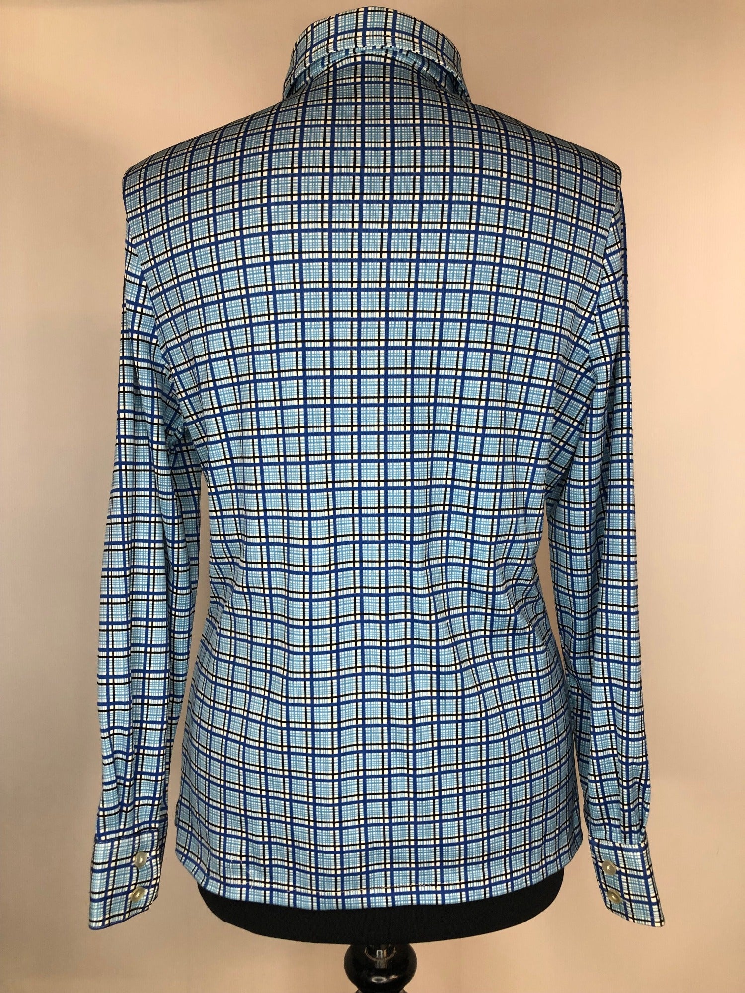 womens shirt  womens  vintage  Urban Village Vintage  urban village  summer blouse  Shirt  long sleeve  Debenhams  dagger collar  collared  collar  checked  check  button front  button  blue  blouse  big collar  70s  1970s  16