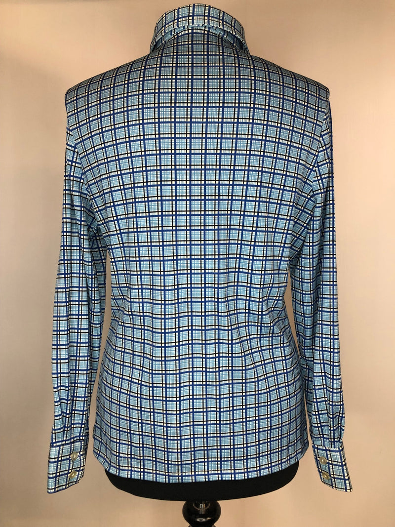 womens shirt  womens  vintage  Urban Village Vintage  urban village  summer blouse  Shirt  long sleeve  Debenhams  dagger collar  collared  collar  checked  check  button front  button  blue  blouse  big collar  70s  1970s  16