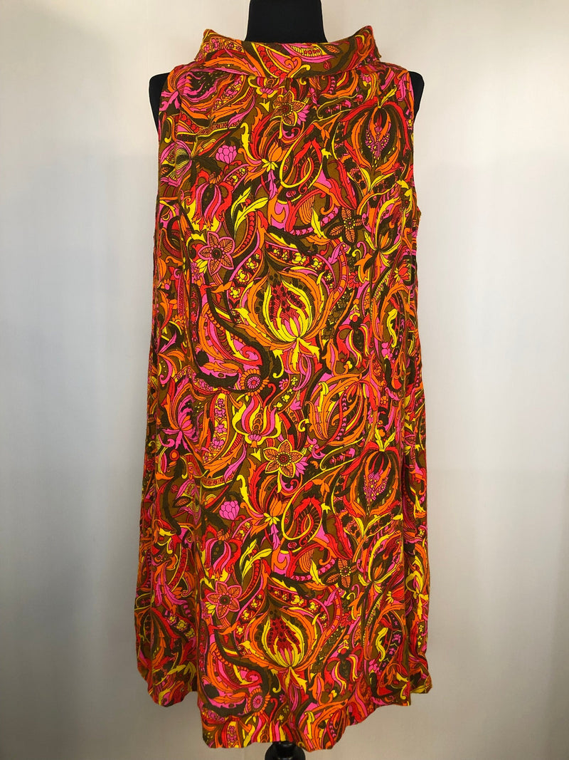 womens  vintage  summer dress  summer  stitch detail  sleevless  roll neck  retro  polyester  pink  Orange  multi  dress  back zip  60s  1960s