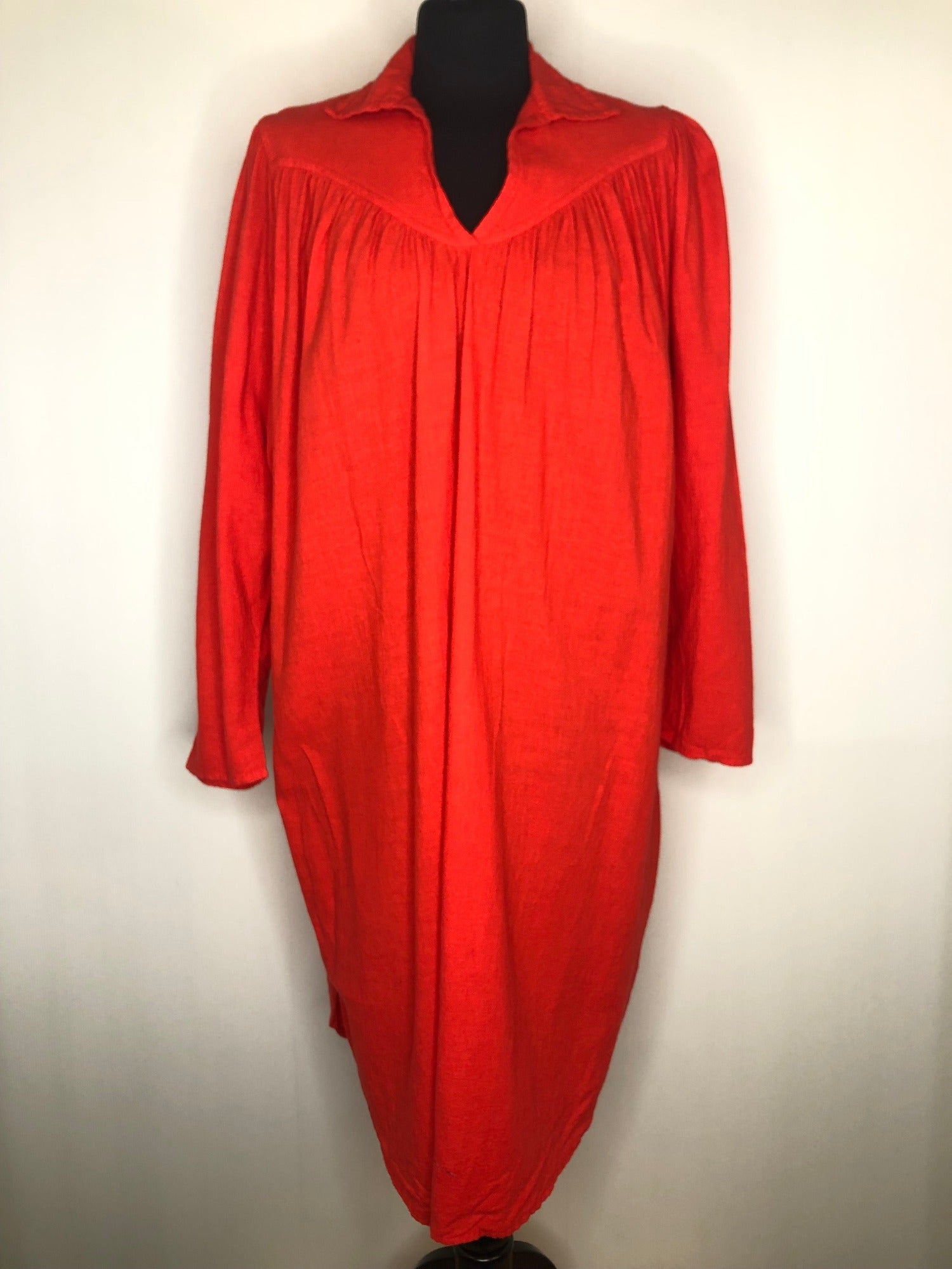 womens  vintage  v-neck dress  Urban Village Vintage  urban village  slip on  retro  Red  pleat detailing  New Hero  Native American Cotton  dress  collar  70s  1970s  16