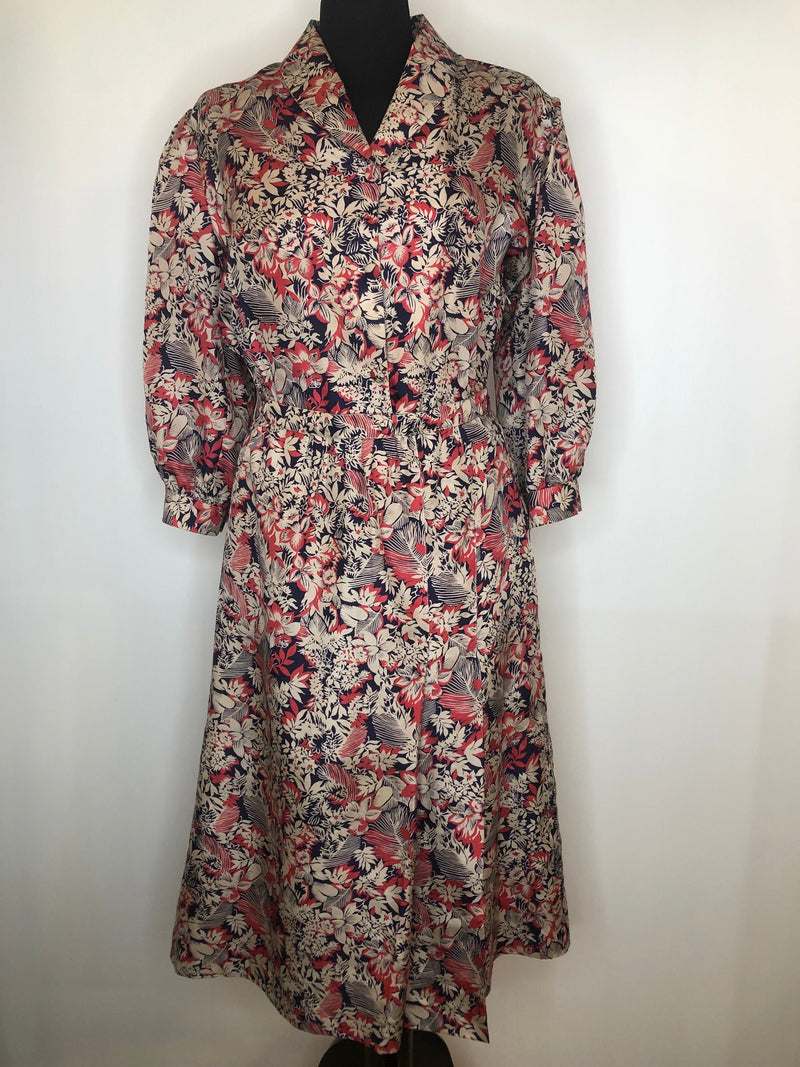 womens  vintage  three quarter sleeve  retro  red  puffed shoulders  pleats  MIR Designs  midi dress  midi  Grey  fitted waist  dress  button front  balloon sleeves  balloon sleeve  70s  40s  1970s  1940s style  1940s  14