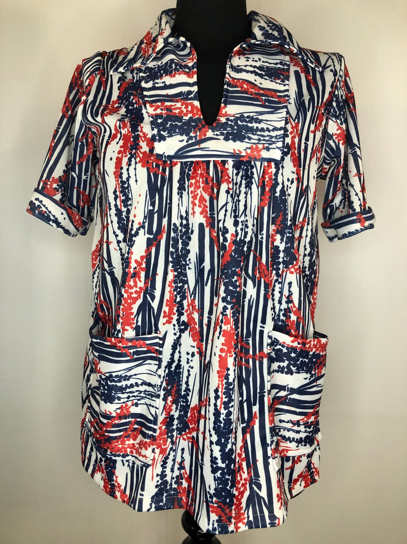 14  womens shirt  womens  white  vintage  Urban Village Vintage  top  summer  spring  red  pointed collar  multi  MOD  floral print  dagger collar  blue  70  1970s