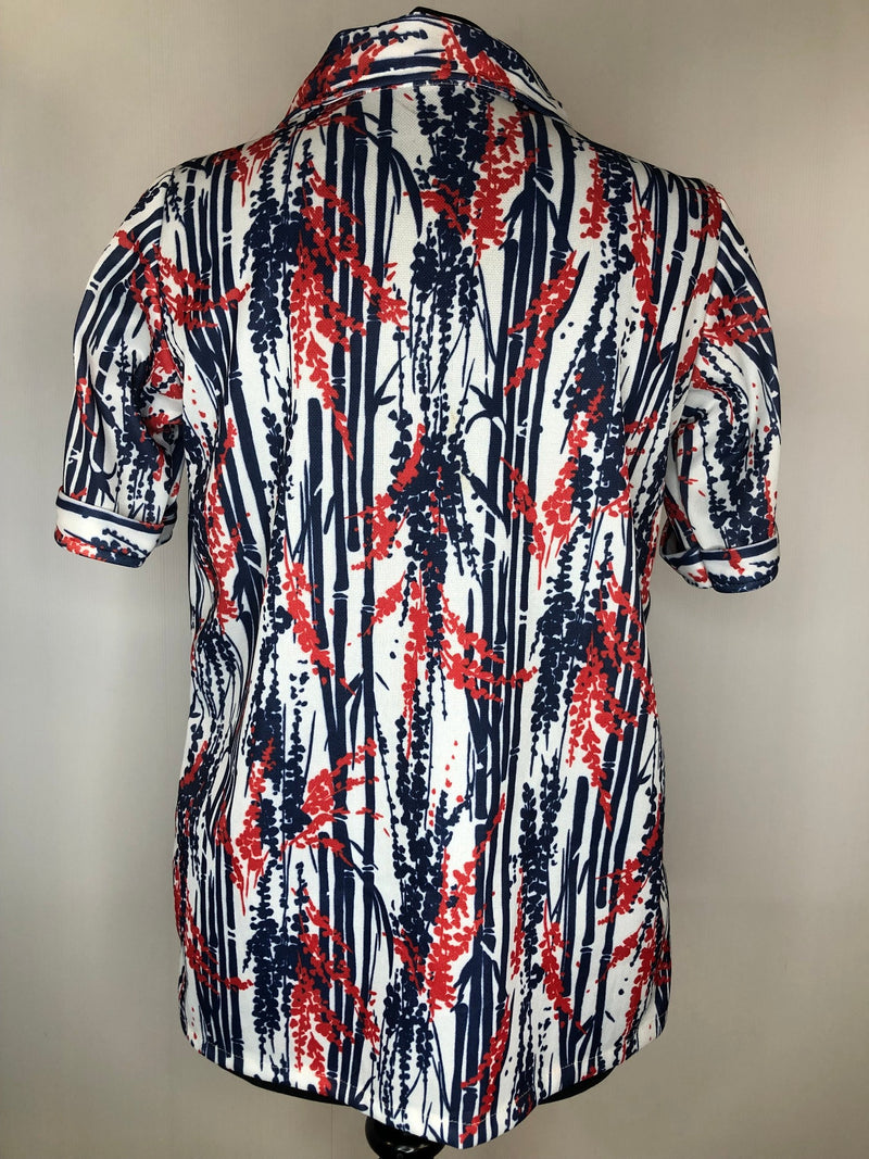 14  womens shirt  womens  white  vintage  Urban Village Vintage  top  summer  spring  red  pointed collar  multi  MOD  floral print  dagger collar  blue  70  1970s