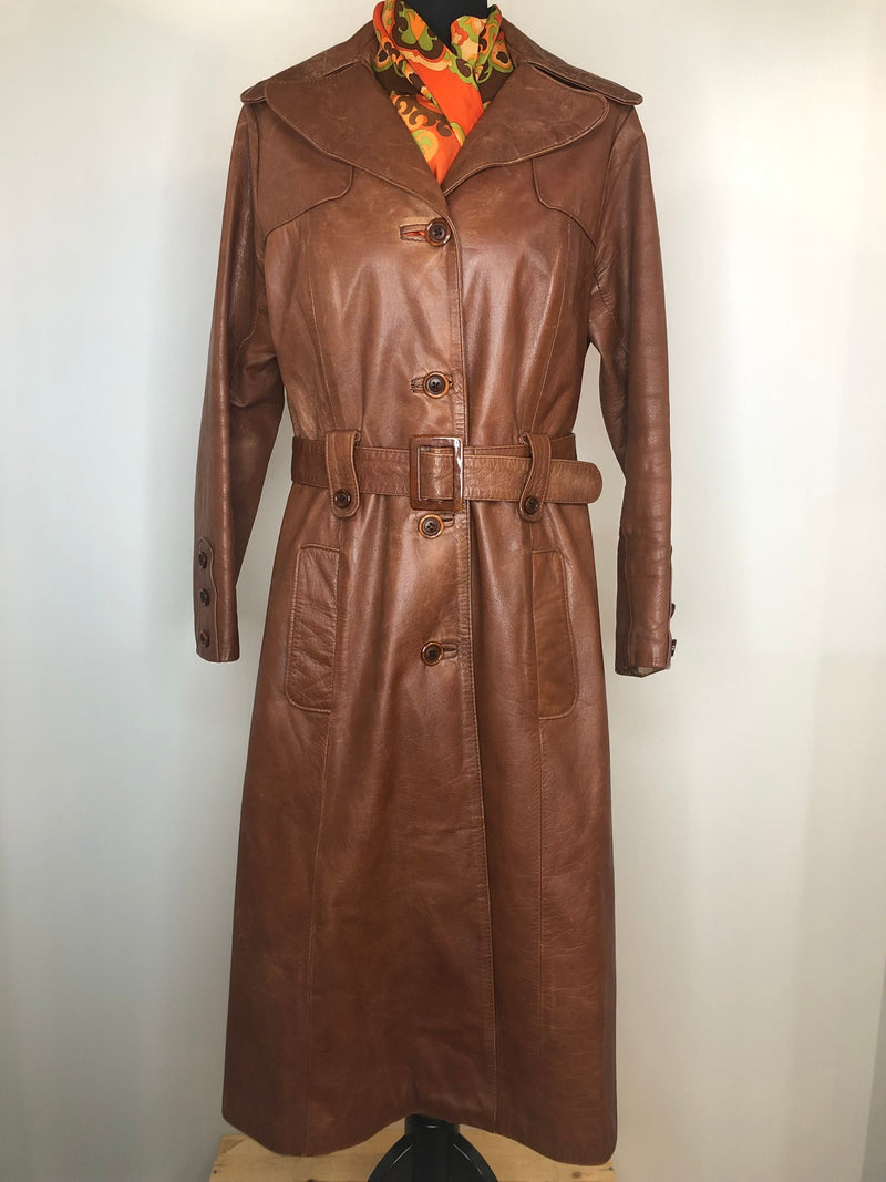 womens jacket  womens coat  womens  waist belt  vintage  Urban Village Vintage  urban village  trench  Richard Draper  pockets  long  lining  Leather Jacket  Leather  Jacket  coat  button  brown  Belted waist  belted jacket  belt  70s  70  1970s  10
