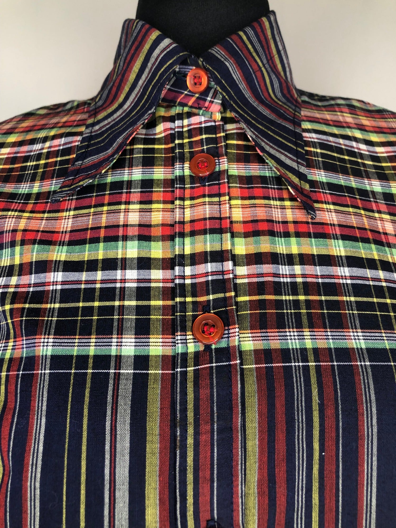 womens shirt  womens  vintage  Urban Village Vintage  urban village  top  stripes  Shirt  retro  patterned  multi  dagger collar  dagger  collar  blue  blouse  70s  70  1970s