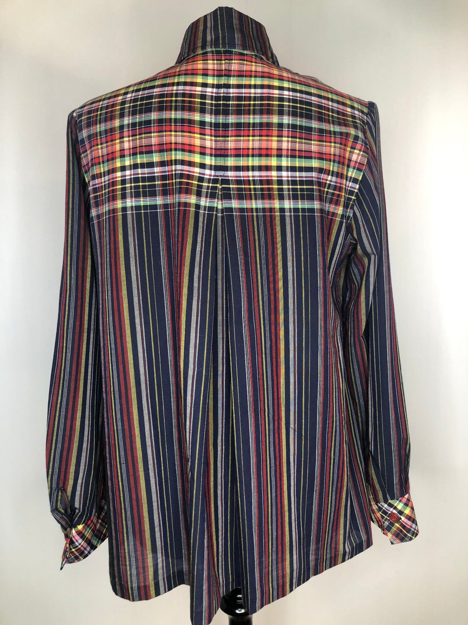 womens shirt  womens  vintage  Urban Village Vintage  urban village  top  stripes  Shirt  retro  patterned  multi  dagger collar  dagger  collar  blue  blouse  70s  70  1970s