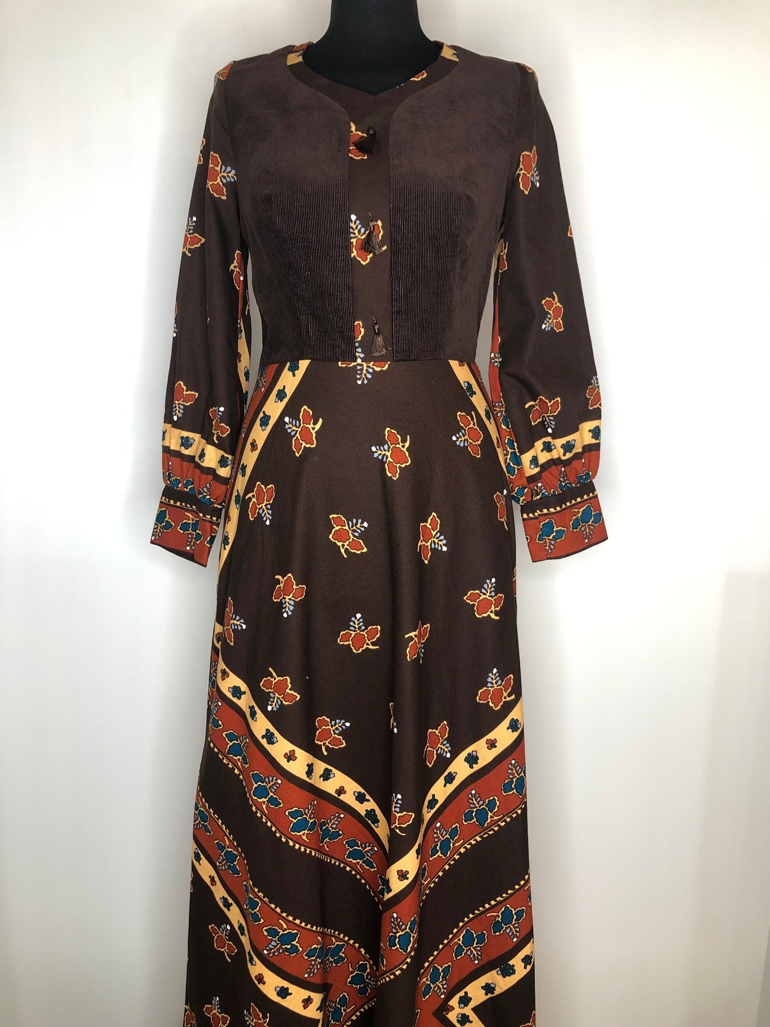 womens  vintage  Urban Village Vintage  urban village  tassel detail  sleeves  sleeve  paisley inspired  maxi dress  maxi  long sleeves  floral print  dress  corduroy  button up  button front  brown  boho  bohemian  balloon sleeves  balloon sleeve  8  70s  1970