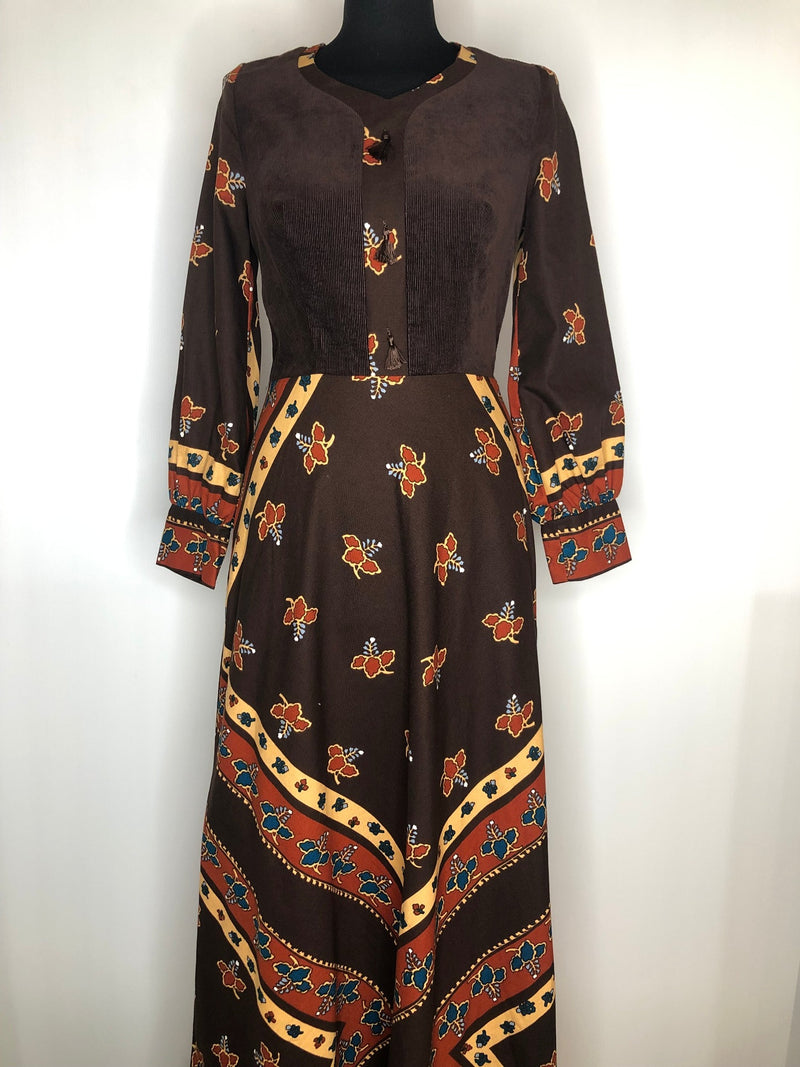 womens  vintage  Urban Village Vintage  urban village  tassel detail  sleeves  sleeve  paisley inspired  maxi dress  maxi  long sleeves  floral print  dress  corduroy  button up  button front  brown  boho  bohemian  balloon sleeves  balloon sleeve  8  70s  1970
