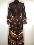 1970s Corduroy Chevron Floral Print Maxi Dress in Brown - Size UK 8