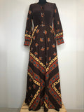 womens  vintage  Urban Village Vintage  urban village  tassel detail  sleeves  sleeve  paisley inspired  maxi dress  maxi  long sleeves  floral print  dress  corduroy  button up  button front  brown  boho  bohemian  balloon sleeves  balloon sleeve  8  70s  1970