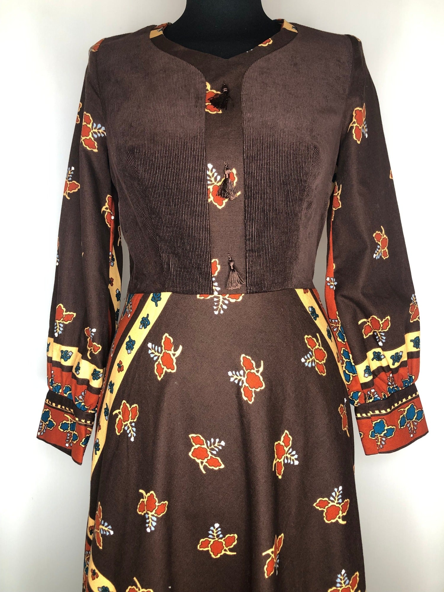 womens  vintage  Urban Village Vintage  urban village  tassel detail  sleeves  sleeve  paisley inspired  maxi dress  maxi  long sleeves  floral print  dress  corduroy  button up  button front  brown  boho  bohemian  balloon sleeves  balloon sleeve  8  70s  1970