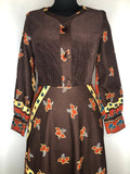 womens  vintage  Urban Village Vintage  urban village  tassel detail  sleeves  sleeve  paisley inspired  maxi dress  maxi  long sleeves  floral print  dress  corduroy  button up  button front  brown  boho  bohemian  balloon sleeves  balloon sleeve  8  70s  1970