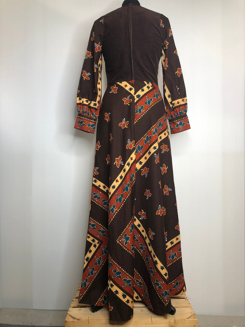 womens  vintage  Urban Village Vintage  urban village  tassel detail  sleeves  sleeve  paisley inspired  maxi dress  maxi  long sleeves  floral print  dress  corduroy  button up  button front  brown  boho  bohemian  balloon sleeves  balloon sleeve  8  70s  1970