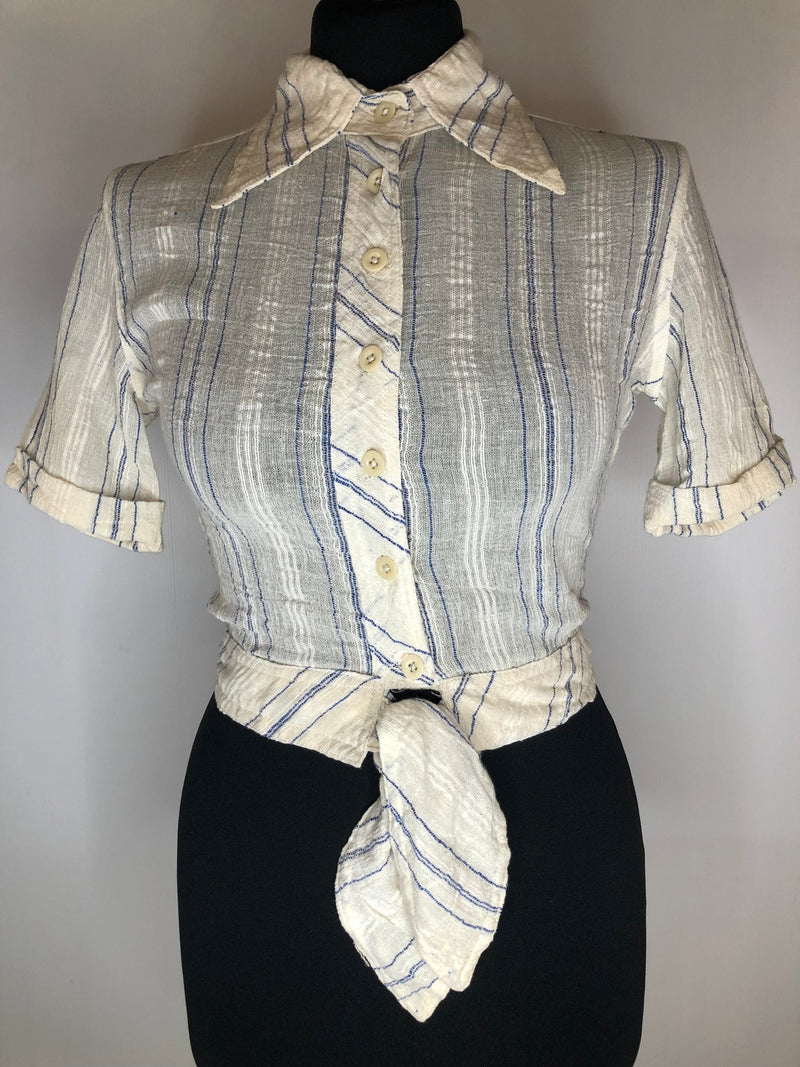 womens shirt  womens  white  vintage  Urban Village Vintage  urban village  top  tie front  summer  Shirt  retro  patterned  dagger collar  dagger  cropped  Cotton  collar  blouse  70s  70  1970s  10