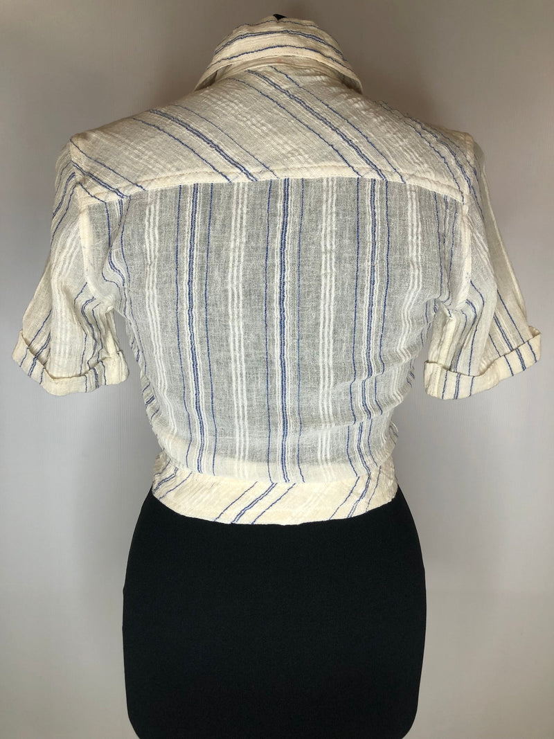 womens shirt  womens  white  vintage  Urban Village Vintage  urban village  top  tie front  summer  Shirt  retro  patterned  dagger collar  dagger  cropped  Cotton  collar  blouse  70s  70  1970s  10