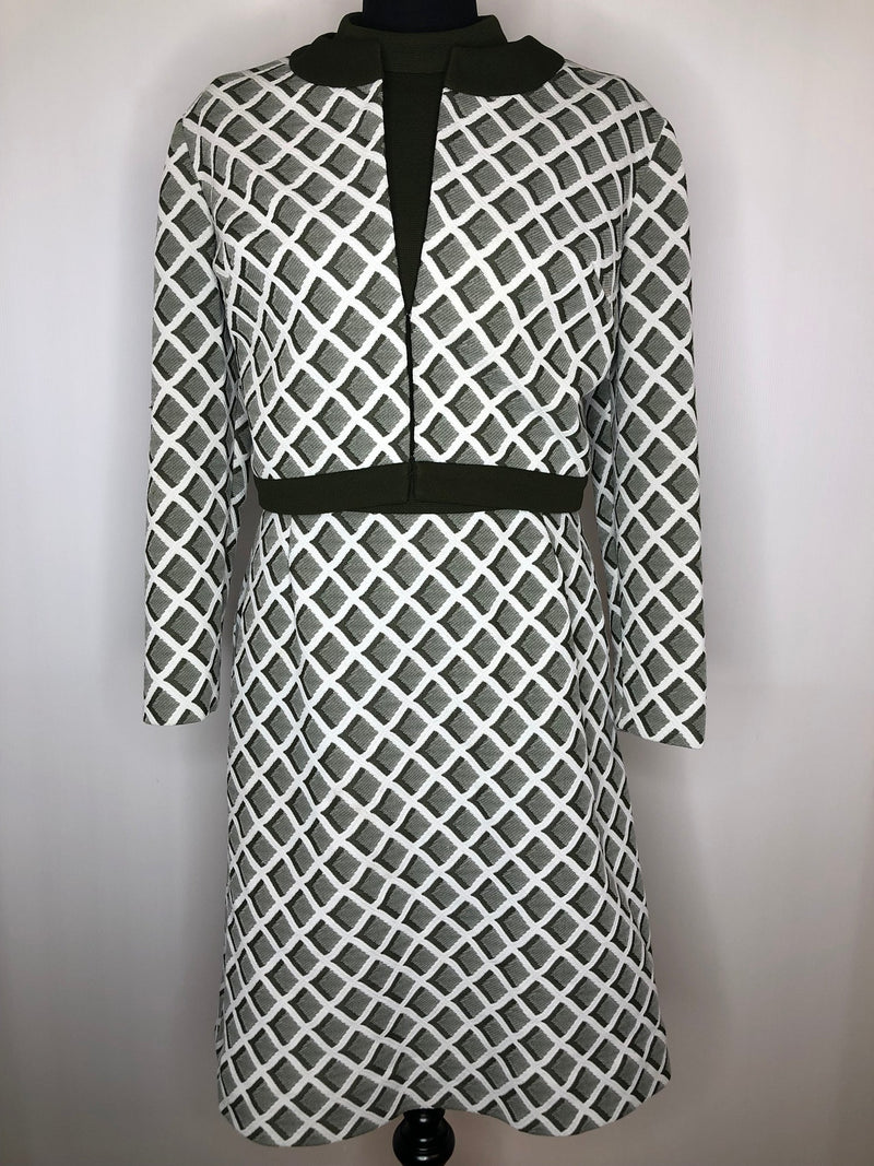 womens  white  vintage  Urban Village Vintage  two piece  set  patterned  mod  matching set  jacket  green  dress  60s  1960s  14