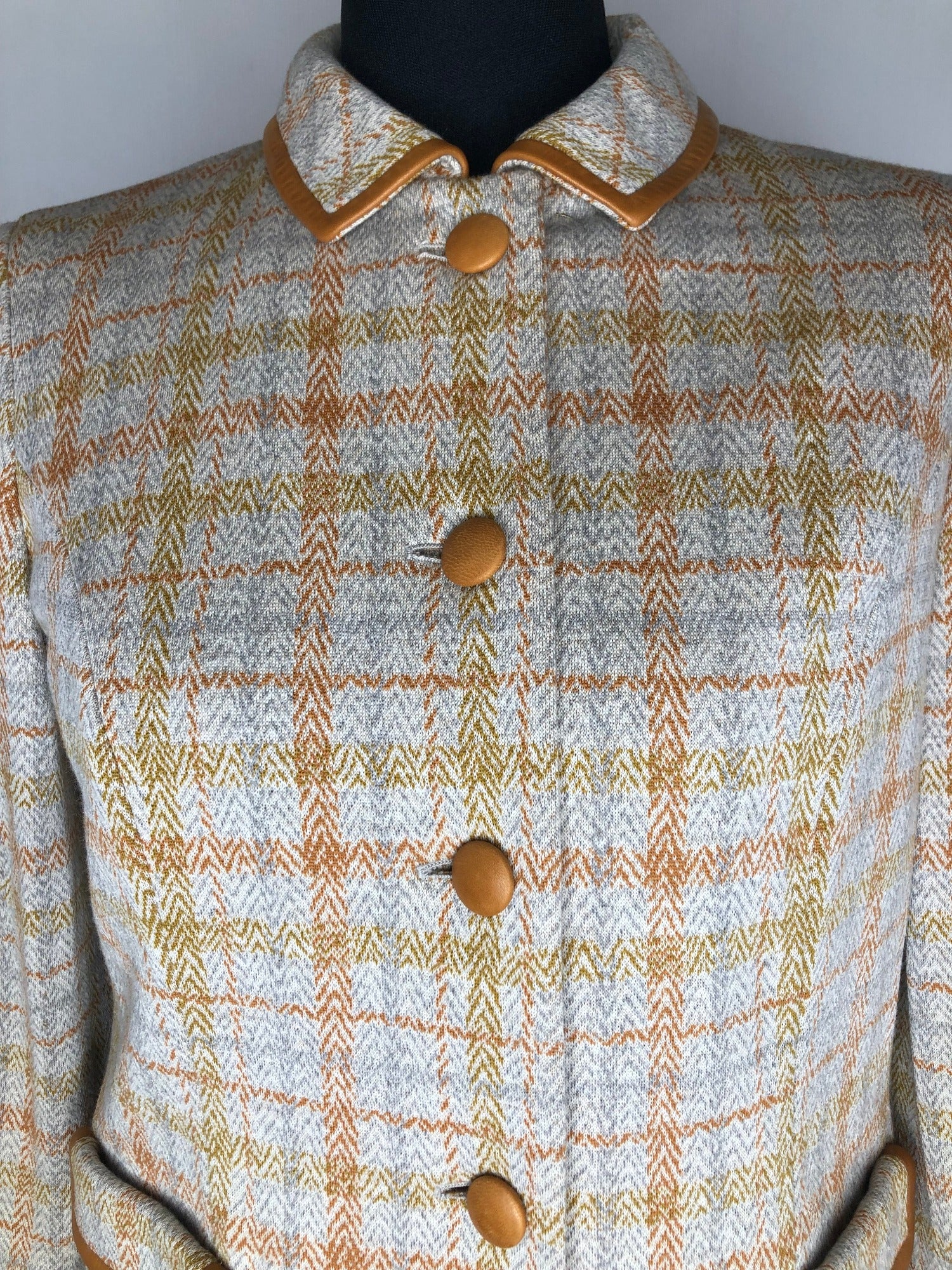 womens jacket  womens coat  womens  vintage  Urban Village Vintage  urban village  Skirts  skirt  Saint Joseph  pockets  pencil skirt  MOD  Jacket  grey  faux leather trim  decorative pocket  check  brown  blazer jacket  Blazer  60s  1960s  10